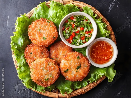 Top View Crispy Thai Shrimp Cakes Served with Two Types of Dipping Sauce