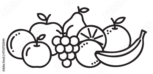 Outline drawing of assorted fruits: apple, orange, banana, pear, grape - stock vector