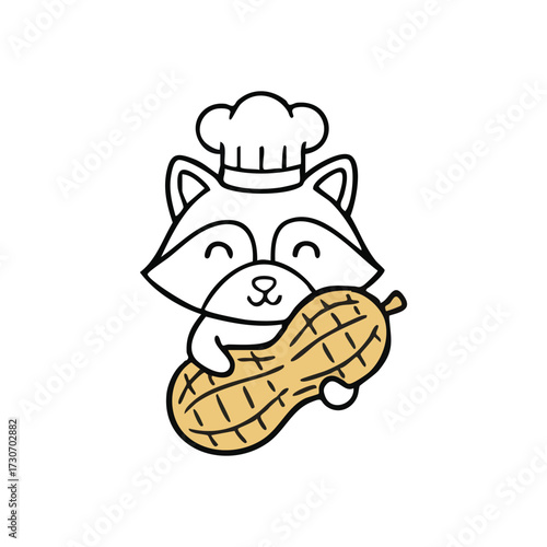 Cute Raccoon Chef with Large Peanut. This charming animated creature, adorned in a baker's toque, holds a giant legume. Evokes feelings of innocent delight and a passion for wholesome treats.