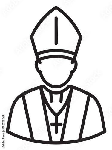Icon of catholic bishop with crosier and mitre - religious clergy attire outline - stock vector