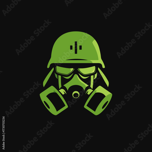Stylized military soldier head with green army helmet and gas mask, vector illustration for tactical and protective gear concepts.