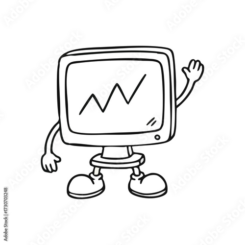 Friendly Retro PC Mascot Waving. A cheerful vintage desktop device saluting viewers, with a dynamic line graph symbolizing evolving digital trends and progress displayed prominently.