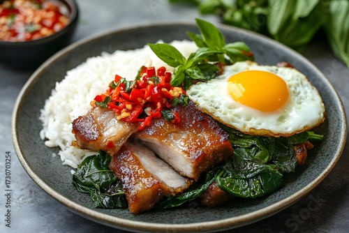 Thai Crispy Pork Belly (Moo Krob) with rice, chili, and fried egg
