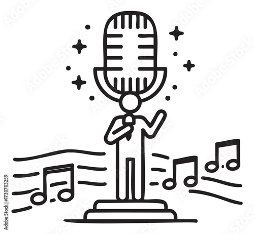 Retro microphone illustration with figure and musical notes - stock vector