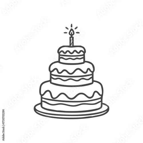 Festive Layer Cake with Candle. This charming outline depicts a multi-tiered dessert, crowned with a flickering flame. It symbolizes happiness and momentous occasions.