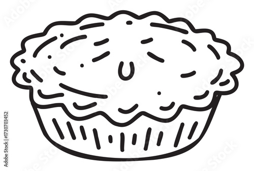 Black and white line drawing of a traditional pie with decorative crust - stock vector
