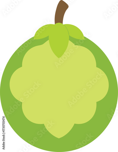 A stylized illustration of a soursop fruit, showing its segmented interior with seeds, isolated on white background
