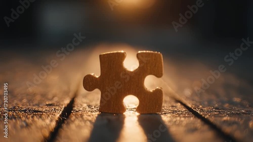 One wooden jigsaw puzzle piece stands upright on a sunlit wooden floor with a warm blurred background.