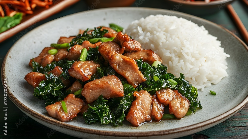 Fototapeta premium Stir-fried pork or chicken with kale and rice on a light plate