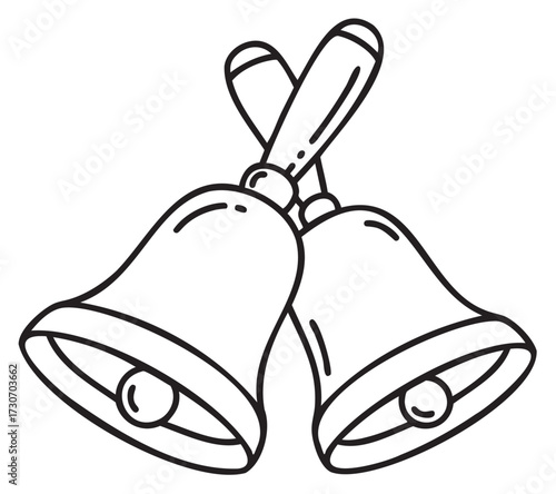 Outline drawing of two overlapping church bells with wooden handles - stock vector