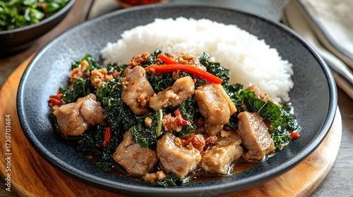 Authentic Thai Pad Krapao (Stir-fried Basil) with pork and rice