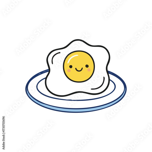 Joyful Breakfast Egg Drawing. A charming cartoon fried yolk with a cheerful expression sits on a clean plate. This whimsical design embodies happiness and simple delight.