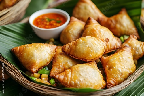 Crispy golden Indian Samosas with chutney on banana leaf and basket