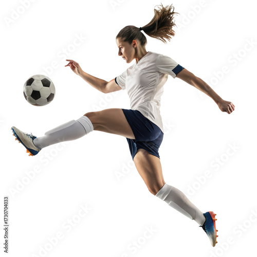 Pro female soccer player doing a midair ball control png soccer woman png athlete woman png midair kick png sportswoman png transparent background image