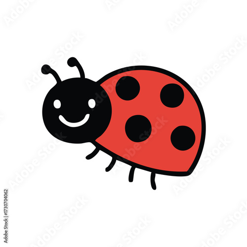 Happy Cartoon Ladybug Design. This cheerful insect art depicts a charming beetle with crimson wings and dark spots. It represents joy, good fortune, and nature's charm.
