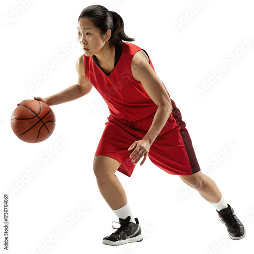 Pro female asian player in red jersey dribbling a ball png asian athlete png basketball player png sportswoman png dribbling ball png transparent background image