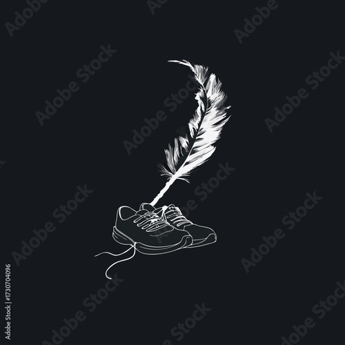Elegant line art illustration: running shoes with a feather quill, symbolizing creativity, sport, freedom, and artistic expression.