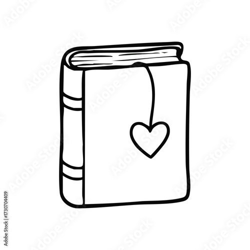 Favorite Book with Heart Bookmark. A charming line art drawing of a cherished volume, featuring a lovely heart-shaped page marker. Evokes passion for literature, learning, and stories.