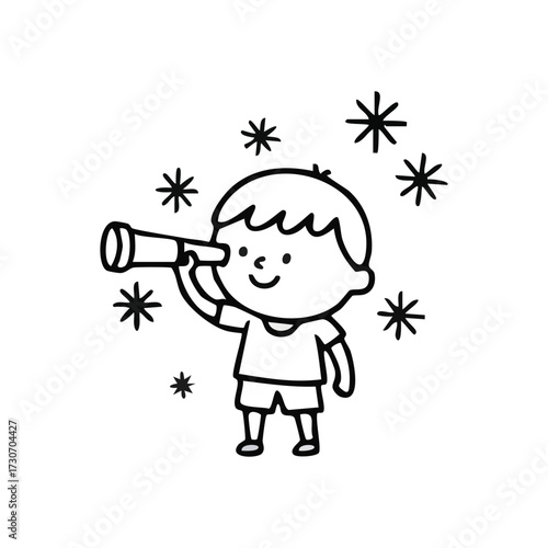 Young Child Exploring with Telescope. A joyful tot gazes through a spyglass, surrounded by celestial shapes. This artwork evokes wonder, discovery, and limitless imagination.