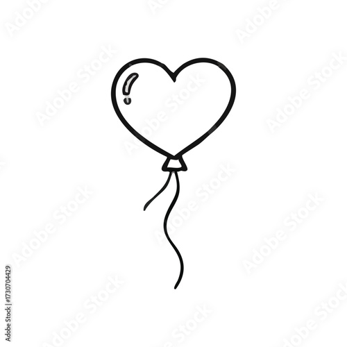 Romantic Heart Balloon Line Art Outline. This charming graphic depicts a joyful flying heart, symbolizing adoration, celebration, and youthful aspirations. Ideal for heartfelt greetings or festive.