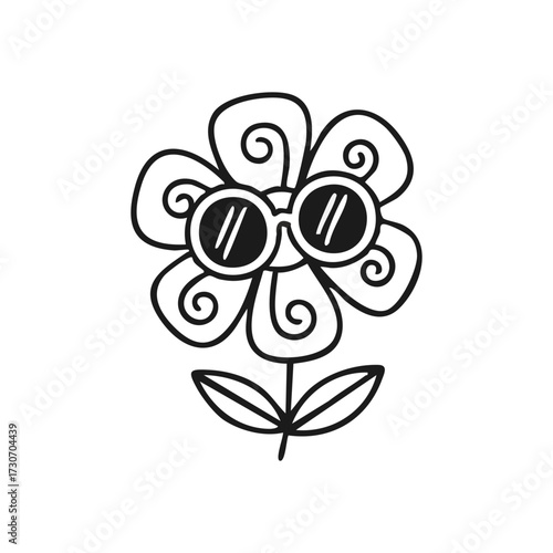 Retro Groovy Flower with Shades. A whimsical doodle of a daisy sporting cool eyewear. This charming drawing symbolizes individuality, peace, and carefree summer days.