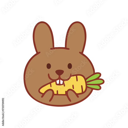 Happy Rabbit Munching Orange Root. This adorable lagomorph cheerfully consumes its healthy plant, embodying simple delight and wholesome nutrition. Ideal for youthful themes.