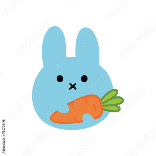 Playful Blue Rabbit Munching Carrot. This charming illustration depicts an adorable azure bunny happily enjoying a fresh vibrant vegetable. It embodies innocence, happiness, and simple delight.