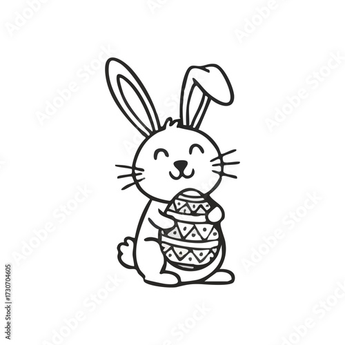 Cheerful Bunny with Patterned Egg. This delightful cartoon illustrates a joyful hare embracing a beautifully adorned spring ovum. It symbolizes new beginnings and celebratory fun.