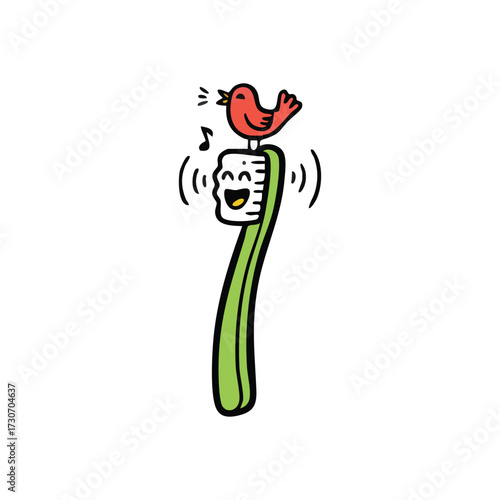 Cheerful Bird Perched on Toothbrush. A little avian pal serenades a grinning green dental brush, symbolizing a bright and healthy start to the day.