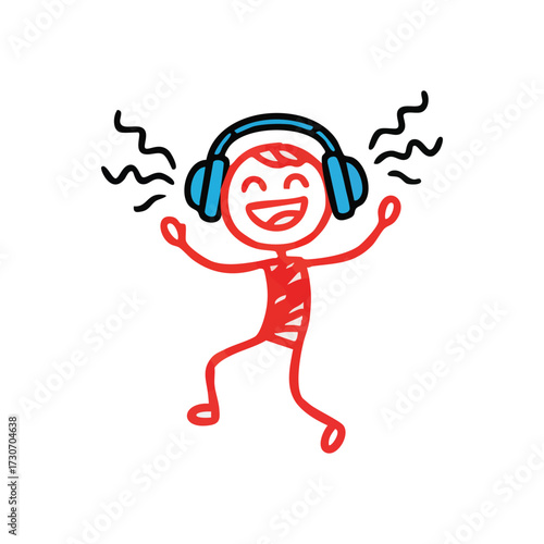 Joyful Character Grooving to Tunes. A lively crimson icon, adorned with earphones, expresses immense delight. This simple design radiates pure bliss, movement, and musical enjoyment.