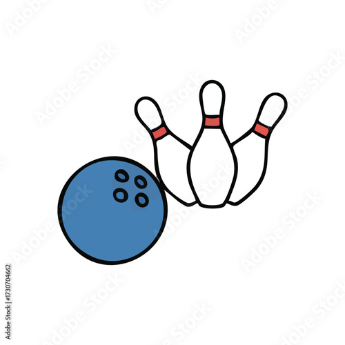 Bowling Ball and Pins Action. This charming graphic depicts a round object nearing targets. It symbolizes playful competition, precision, and enjoyable indoor pursuits.