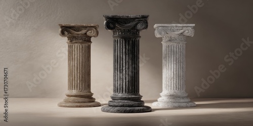 Three miniature fluted columns in beige, gray, and white, arranged on a light beige surface against a neutral backdrop, illuminated by soft light