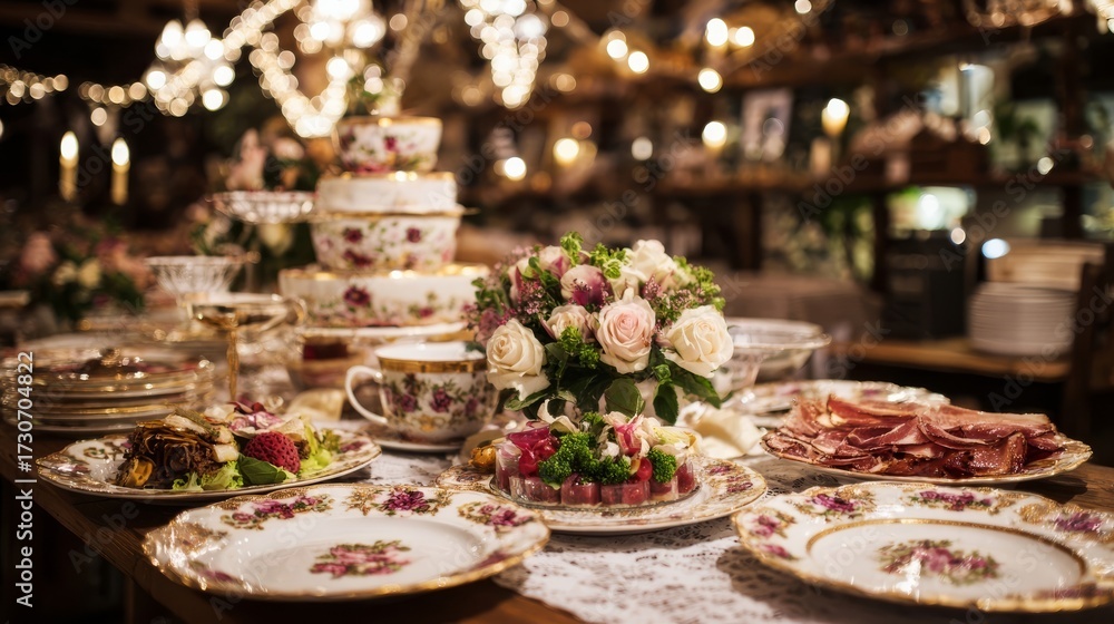 Naklejka premium An elegantly set dining table with floral fine china, red and gold accents, soft roses, greenery, cured ham,