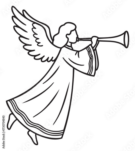 Outline of angel blowing trumpet in flight with flowing gown and wings - stock vector