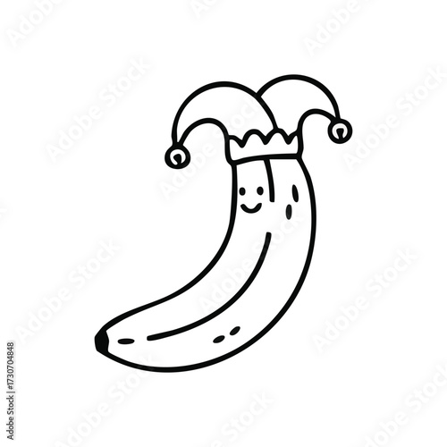 Cheerful Banana Jester Doodle. A whimsical hand drawn fruit character wearing a playful fool's cap. This funny illustration symbolizes lightheartedness and joy, perfect for humorous themes.