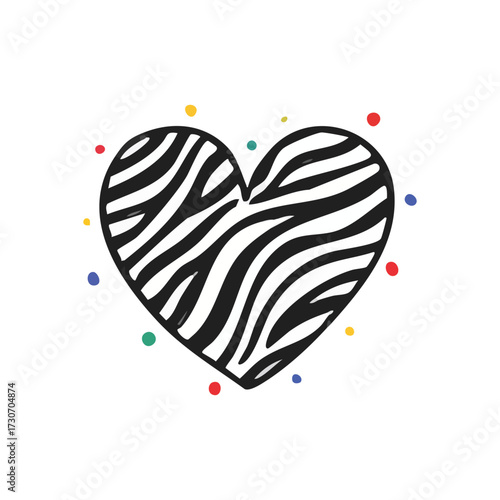 Wild Heart Love with Colorful Dots. Bold animal print cardiac symbol adorned with lively multicolored specks. This vibrant artwork represents passionate affection, fun, and unique style.