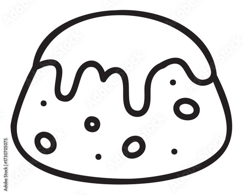 Black and white line drawing of frosted muffin with sprinkles - stock vector