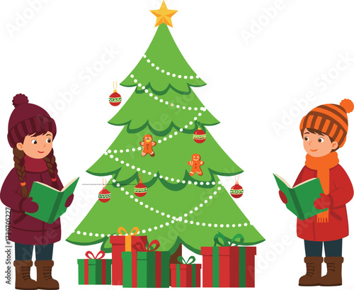 Christmas carolers vector, children singing by decorated tree, holiday celebration scene, festive outfits, gift boxes, joyful winter illustration, seasonal cartoon design