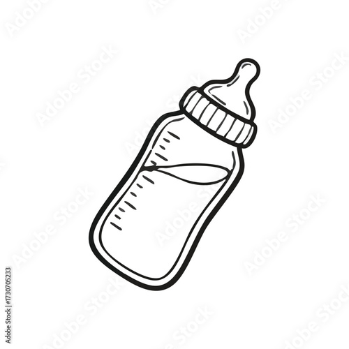 Baby Bottle Sketch Outline Art. This minimalist graphic depicts an infant feeding container, symbolizing new life, nourishment, and early childhood care. Ideal for maternity and parental themes.
