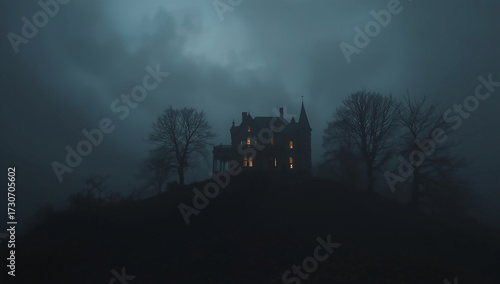 Spooky Haunted House silhouette at Night in a Creepy fog