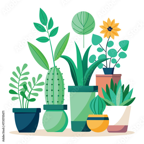 Create a colorful illustration of different potted indoor plants with various shapes, sizes, and leaves