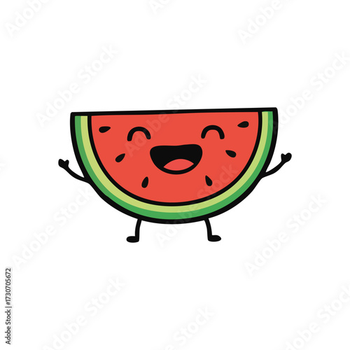 Joyful Watermelon Character Illustration. A delightful fruit with a cheerful grin, representing summer delight and healthy eating. Its animated design brings vibrancy and happiness.
