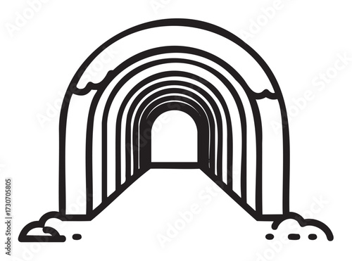 Monochrome drawing of a snow-covered tunnel with snowbanks - stock vector