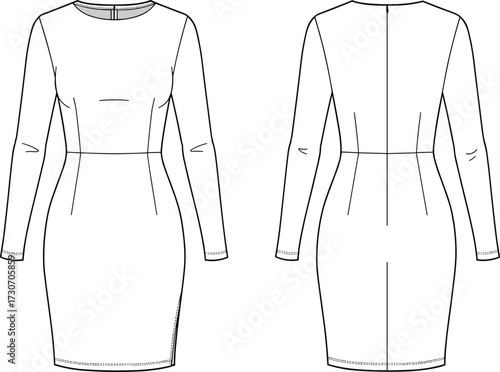 Fitted dress sketch vector, long sleeves, round neckline, bust darts, center back seam, knee-length silhouette, front and back view, fashion illustration, garment design