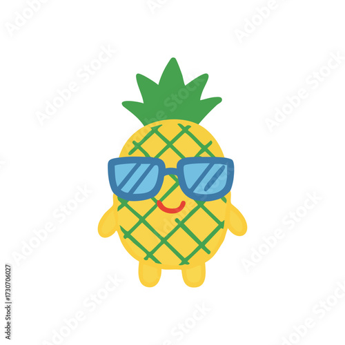 Cool Pineapple Cartoon Mascot. This vibrant illustration features a cheerful tropical fruit wearing chic blue shades. It radiates a happy, summery atmosphere, perfect for fun designs.