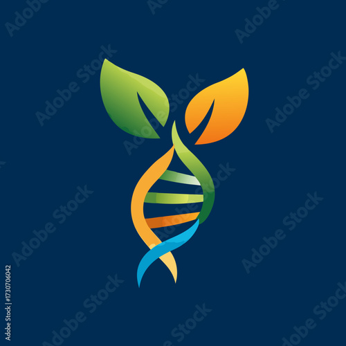 Genetic DNA helix with natural green leaves illustration, symbolizing biotechnology, organic science, health, and plant research.