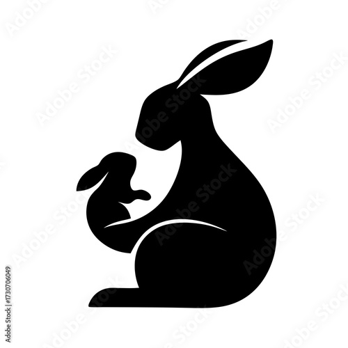 Mother rabbit and baby bunny silhouette illustration. Black minimalist animal family vector icon, symbolizing love, care, and parenthood.
