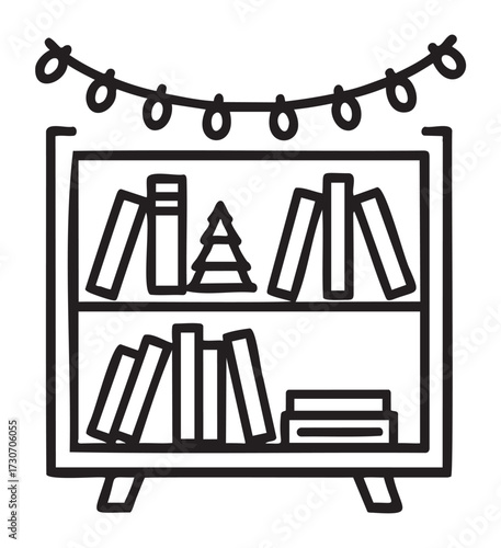 Black and white bookshelf with holiday decorations and string lights - stock vector