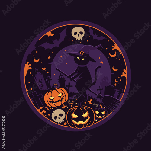 A whimsical Halloween illustration featuring a black cat witch flying on a broomstick over a spooky graveyard with pumpkins and skulls.