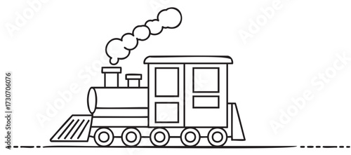 Simple black and white train illustration with smoke and wheels - stock vector